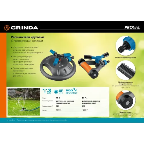GRINDA RR-Pro, 3 сопла, на подставке с колёсиками, ударопрочный пластик, круговой распылитель, PROLine (429317)