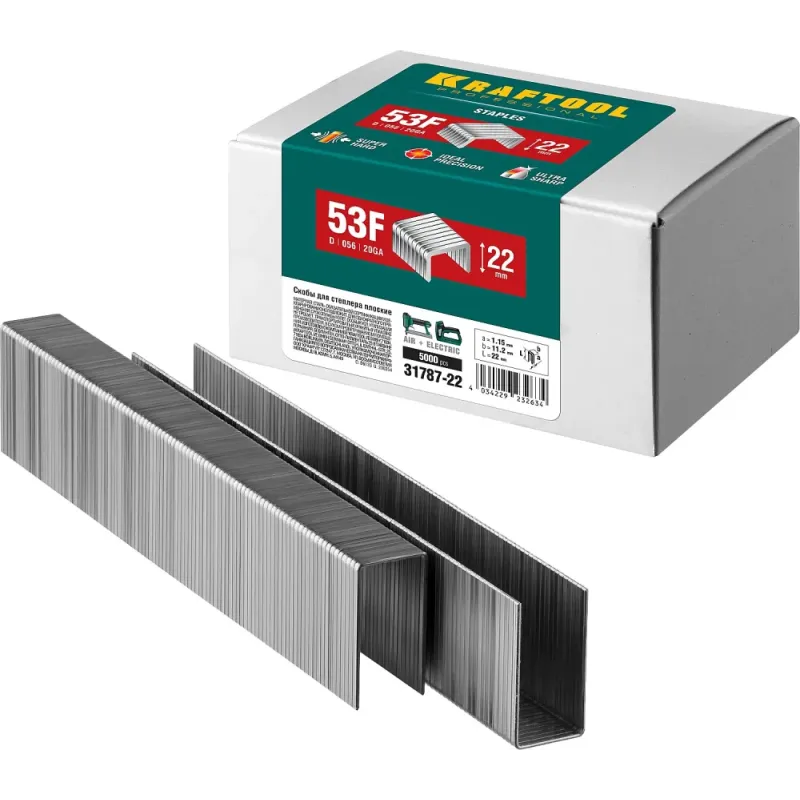 KRAFTOOL скобы тип 53F (D/056), 22 мм, калибр 23GA. 5000 шт (31787-22)
