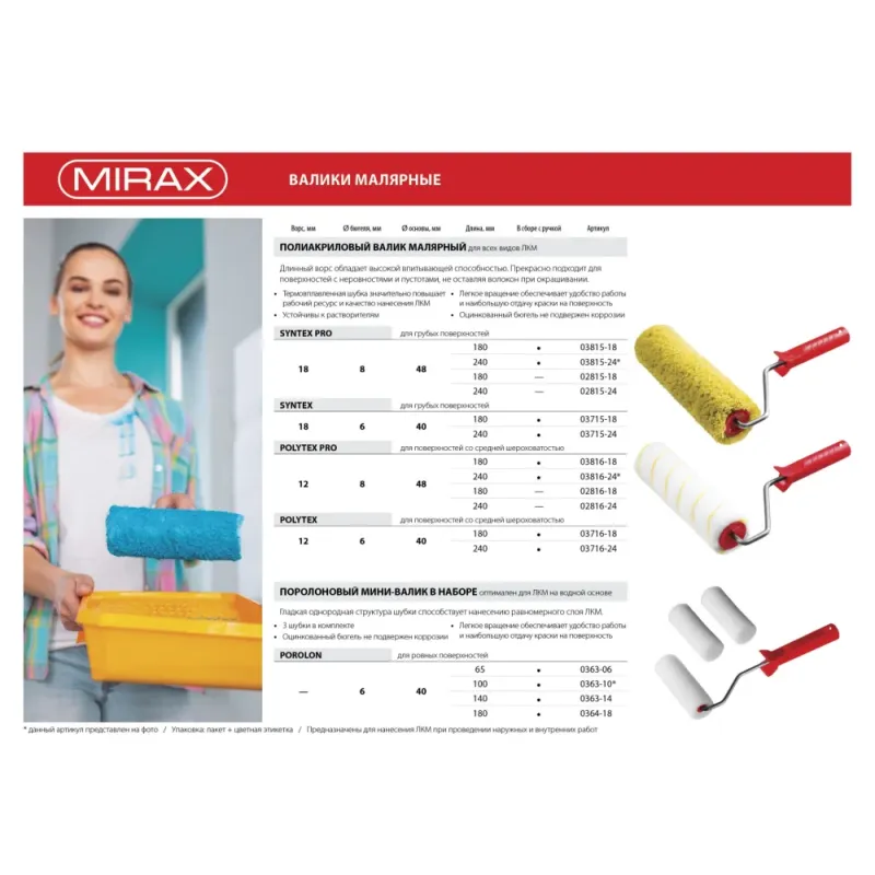MIRAX ПОРОЛОН, 40 х 180 мм, бюгель 6 мм, 3 шубки + ручка, для водорастворимых ЛКМ, малярный валик в наборе (0364-18)