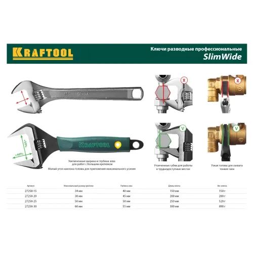 KRAFTOOL SlimWide, 250/50 мм, разводной ключ (27258-25)