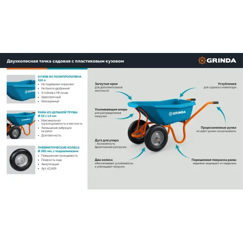 GRINDA GP-22, ударопрочный пластиковый кузов, 110 л, 220 кг, двухколесная, пневматические колеса, тачка садовая PROLine (422406)