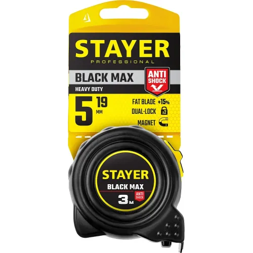 STAYER BlackMax, 5 м х 19 мм, рулетка с двумя фиксаторами, Professional (3410-05)