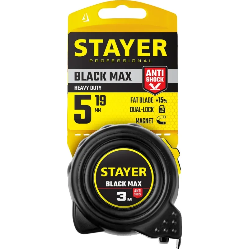 STAYER BlackMax, 5 м х 19 мм, рулетка с двумя фиксаторами, Professional (3410-05)
