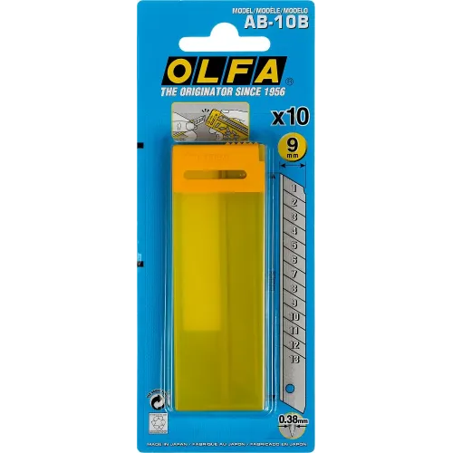 OLFA 9 мм, 10 шт, в пластиковом кейсе + блистер, сегментированные лезвия (OL-AB-10B)