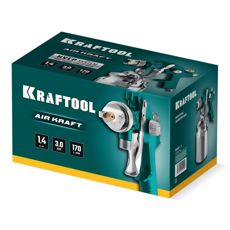 KRAFTOOL AirKraft, HVLP, 1.4мм, пневматический краскопульт с нижним бачком (06520-1.4)