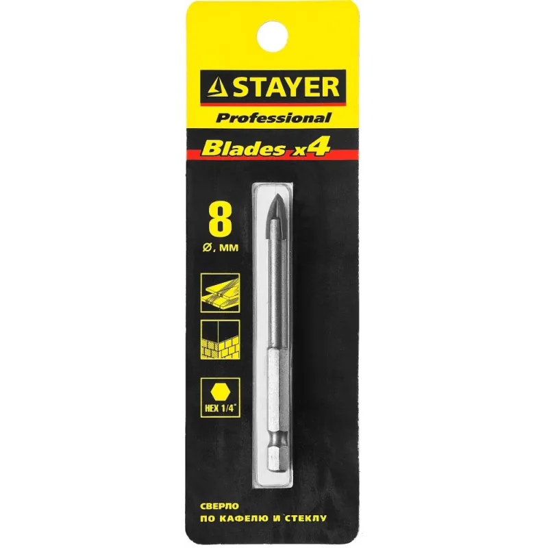 STAYER 8 мм, 4х кромка, HEX 1/4, Сверло по стеклу и кафелю (2985-08)