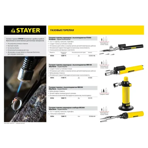 STAYER MS 300, 40 Вт, 1200°С в наборе: 4 в 1, горелка, фен, 2 жала, газовый паяльник (55506-H4)