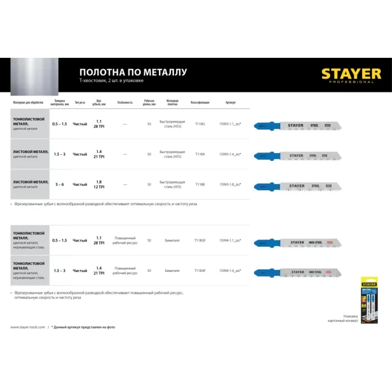 STAYER T118B, 2 шт, 50 мм / 2 мм (12TPI), T-хвост., HSS сталь, по металлу толщиной 2-6 мм, полотна для лобзика, Professional (15993-1.8)