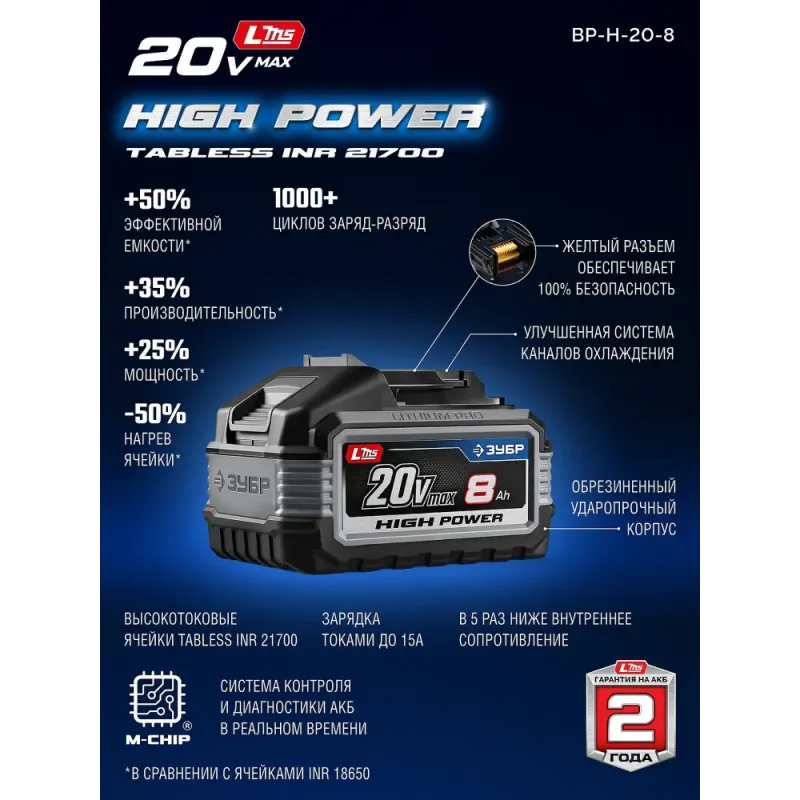 ЗУБР High Power, 20 В, 8.0 А·ч, аккумулятор LMS, ПРОФЕССИОНАЛ (BP-H-20-8)