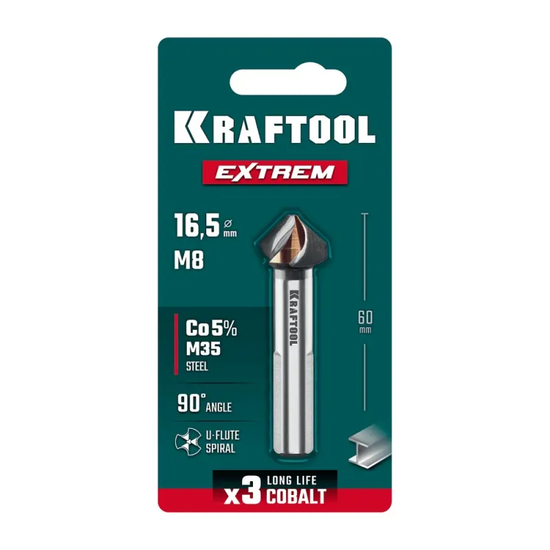 KRAFTOOL EXTREM, d 16.5х10х60 мм, Z3, 90°, сталь M35, U-образная спираль, зенковка (29734-8)