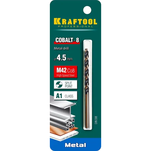 KRAFTOOL COBALT-8, 4.5 х 80 мм, сталь М42, HSS-Co(8%), сверло по металлу (29656-4.5)