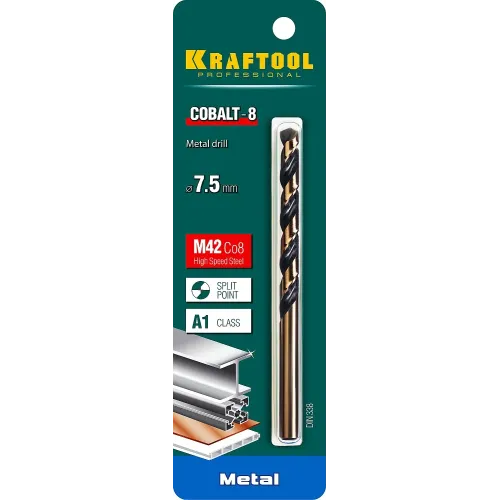 KRAFTOOL COBALT-8, 7.5 х 109 мм, сталь М42, HSS-Co(8%), сверло по металлу (29656-7.5)