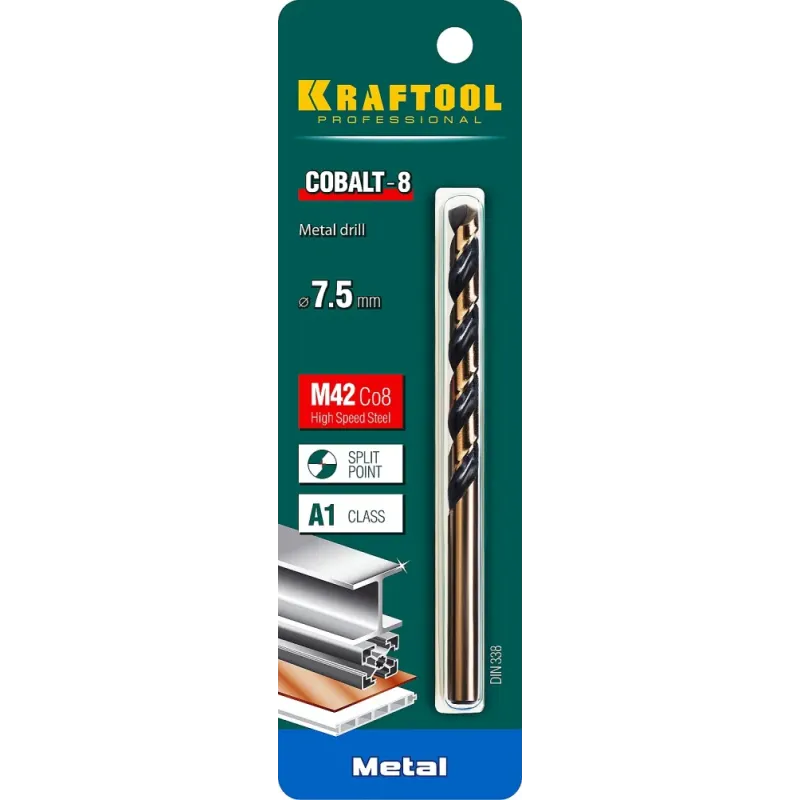 KRAFTOOL COBALT-8, 7.5 х 109 мм, сталь М42, HSS-Co(8%), сверло по металлу (29656-7.5)