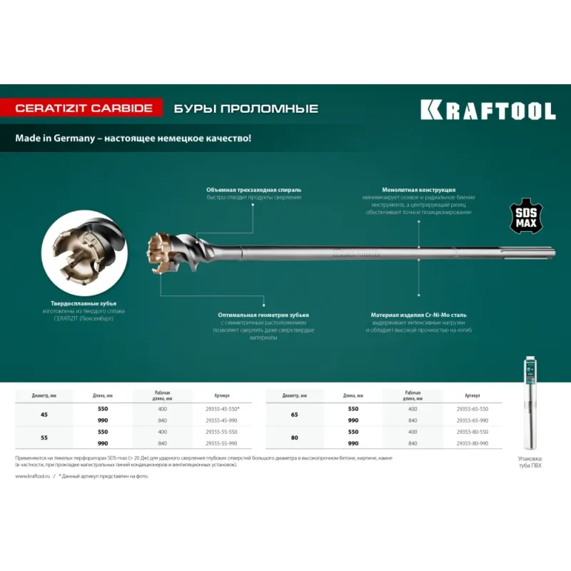 KRAFTOOL d 65 х 450/550 мм, SDS-max проломной бур (29355-65-550)