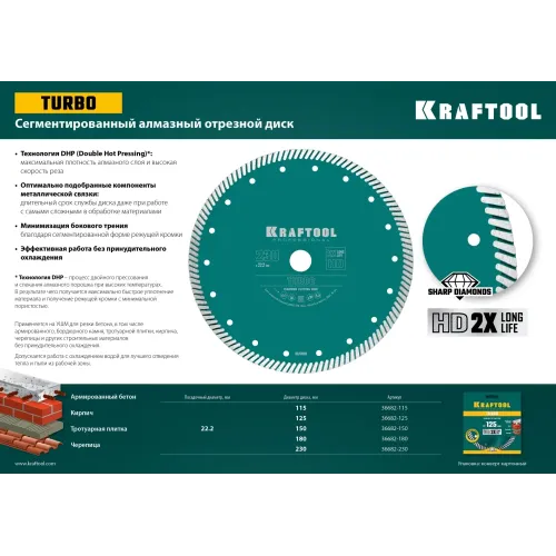 KRAFTOOL Turbo, 180 мм, (22.2 мм, 10 х 2.6 мм), сегментированный алмазный диск (36682-180)