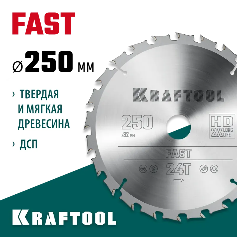KRAFTOOL Fast, 250 х 32 мм, 24Т, пильный диск по дереву (36950-250-32)