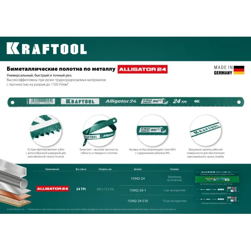 KRAFTOOL Alligator-24, 24 TPI, 300 мм, биметаллическое гибкое полотно по металлу (15942-24)