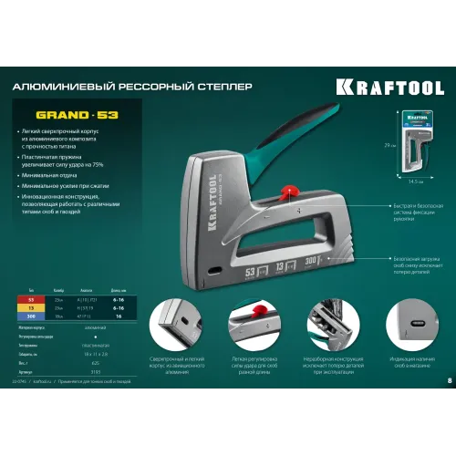 KRAFTOOL GRAND-53, тип 53 (A/10/JT21) 23GA (6 - 16 мм)/13/300, алюминиевый рессорный степлер (3193)
