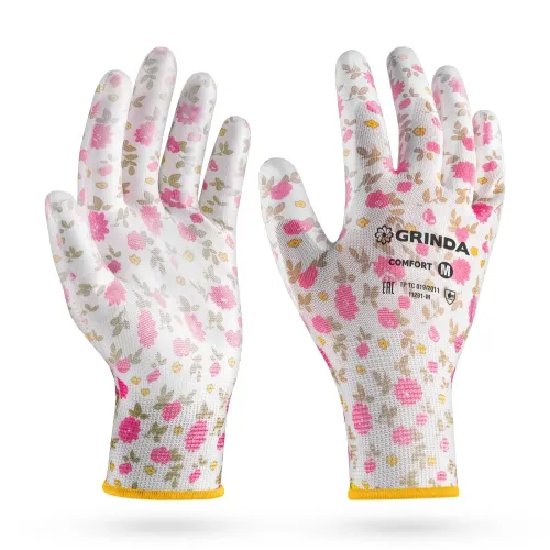 GRINDA COMFORT, M (8), садовые перчатки с прозрачным полиуретановым покрытием, розовые, 13 класс (11291-M)