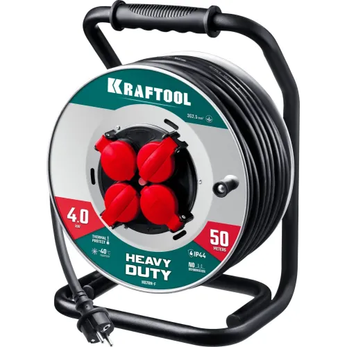 KRAFTOOL HEAVY DUTY 4.0, КГ 3х2.5 50м 4000Вт IP44, силовой удлинитель на стальной катушке (55086-50)