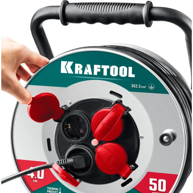 KRAFTOOL HEAVY DUTY 4.0, КГ 3х2.5 50м 4000Вт IP44, силовой удлинитель на стальной катушке (55086-50)
