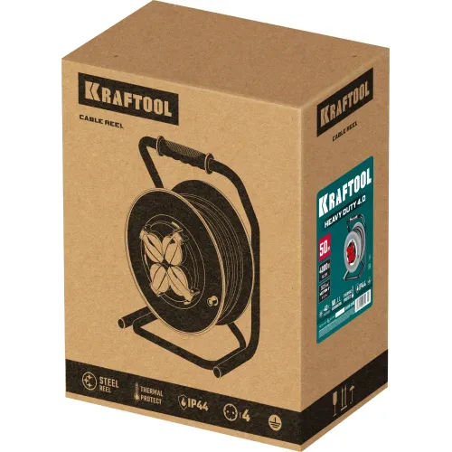 KRAFTOOL HEAVY DUTY 4.0, КГ 3х2.5 50м 4000Вт IP44, силовой удлинитель на стальной катушке (55086-50)