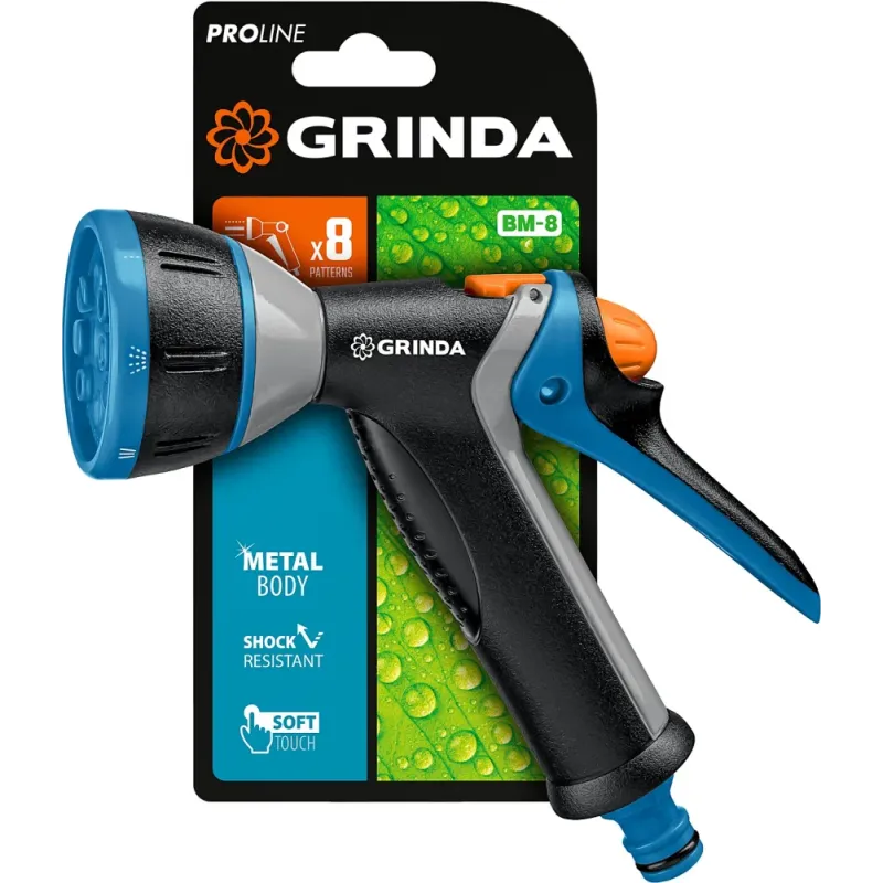 GRINDA BM-8, 8 режимов, курок сзади, металлический с TPR, поливочный пистолет, PROLine (8-427339)