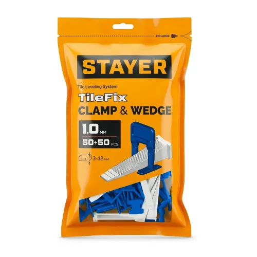 STAYER СВП TileFix, комплект: 1,0 мм, зажим + клин, 50 + 50 шт, система выравнивания плитки ″ворота″ (33841-H50)