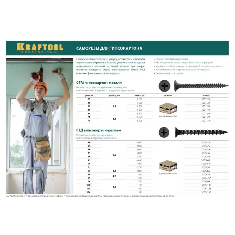 KRAFTOOL СГД, 16 х 3.5 мм, фосфатированное покрытие, 15000 шт (14,7 кг.), саморез гипсокартон-дерево (3005-16)
