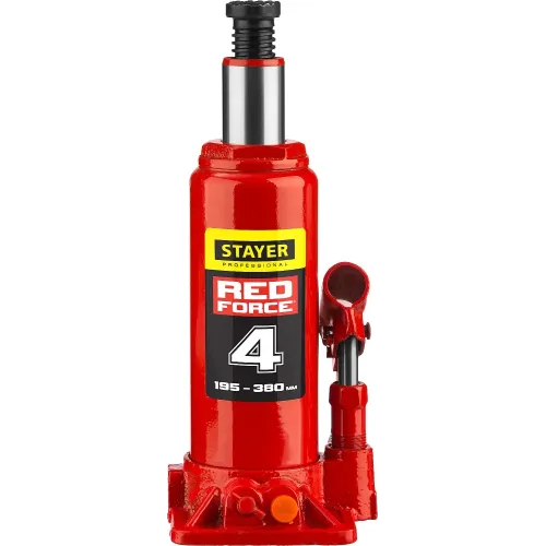 STAYER RED FORCE, 4 т, 195 - 380 мм, бутылочный гидравлический домкрат, Professional (43160-4)