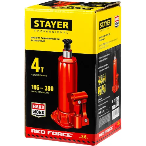 STAYER RED FORCE, 4 т, 195 - 380 мм, бутылочный гидравлический домкрат, Professional (43160-4)