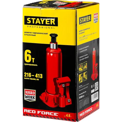 STAYER RED FORCE, 6 т, 216 - 413 мм, бутылочный гидравлический домкрат, Professional (43160-6)