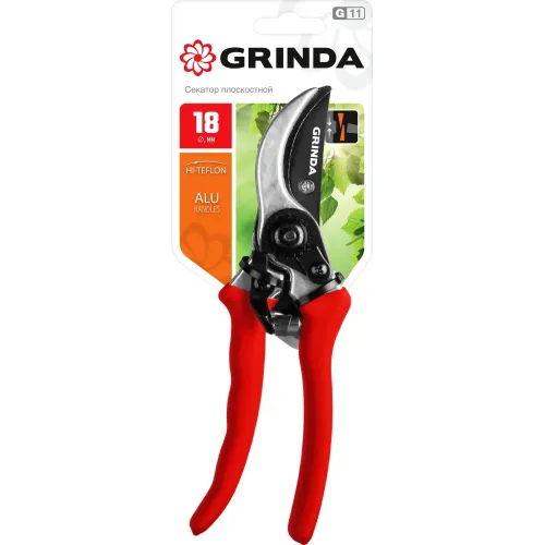 GRINDA G-11, 210 мм, лезвия из углеродистой стали, закалены, тефлоновое покрытие, алюминиевые рукоятки, плоскостной секатор (8-423001)