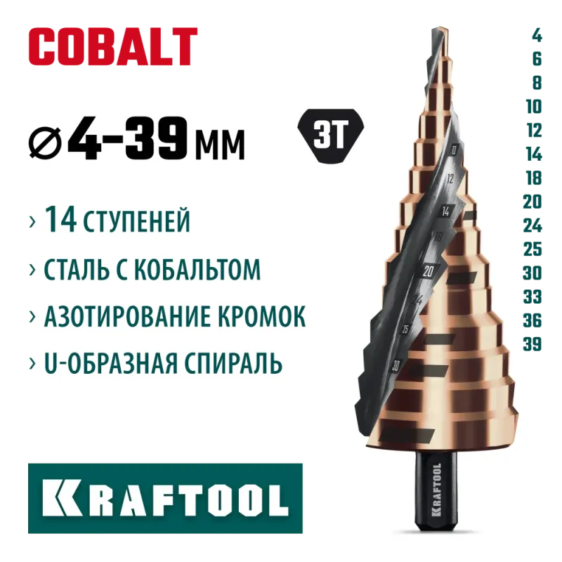 KRAFTOOL COBALT 4-39мм, 14 ступеней, азотирование, винтовая спираль, сверло ступенчатое(29691-4-39-14)