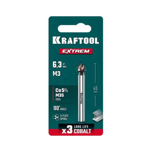KRAFTOOL EXTREM, d 6.3x5х45 мм, Z3, 90°, сталь M35, U-образная спираль, зенковка (29734-3)