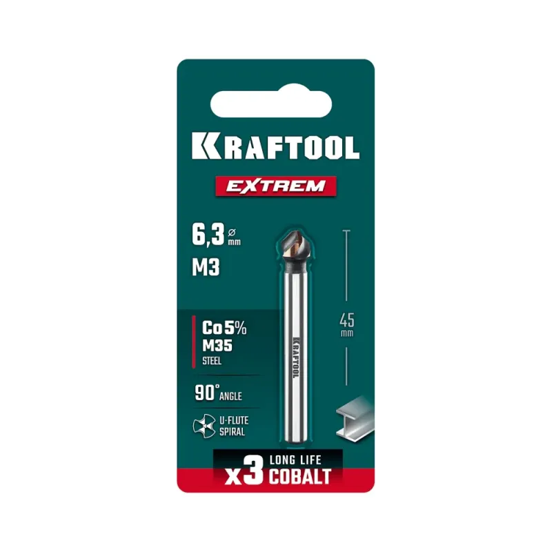 KRAFTOOL EXTREM, d 6.3x5х45 мм, Z3, 90°, сталь M35, U-образная спираль, зенковка (29734-3)