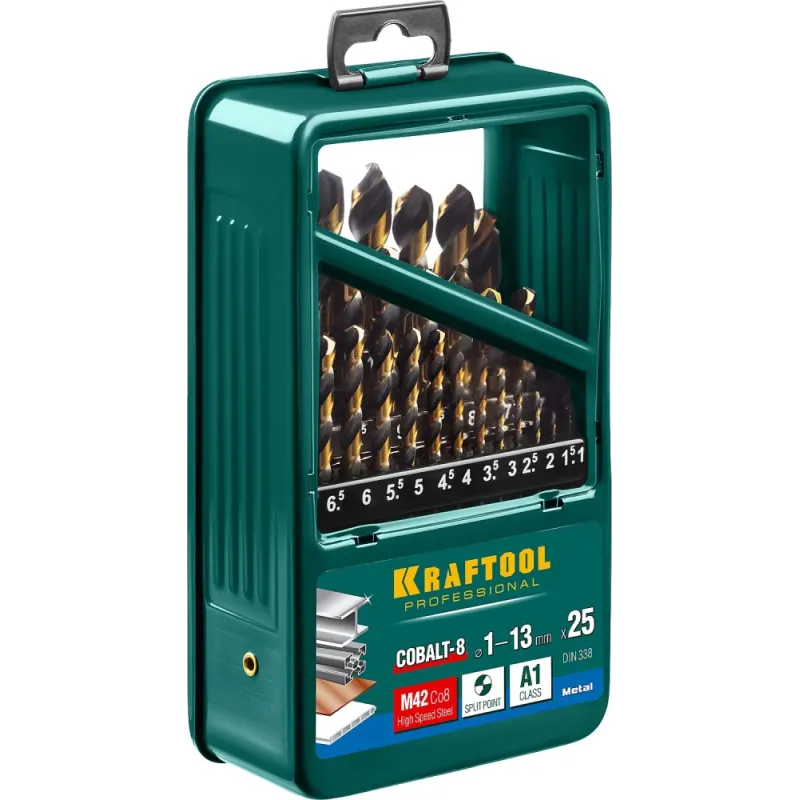 KRAFTOOL COBALT-8, 25 шт, (1-13 мм), сталь М42, HSS-Co(8%), набор сверл по металлу (29656-H25)