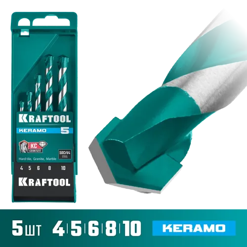 KRAFTOOL Keramo, 5 шт: 4-5-6-8-10 мм набор сверл по керамограниту с твердосплавной пластиной (29175-H5)