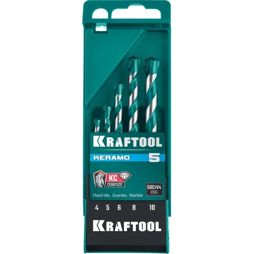 KRAFTOOL Keramo, 5 шт: 4-5-6-8-10 мм набор сверл по керамограниту с твердосплавной пластиной (29175-H5)
