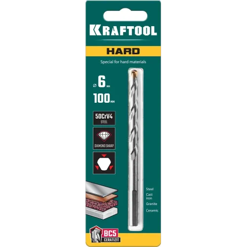 KRAFTOOL Hard, 6 х 100 мм, тв.сплав ВС5, сверло специальное по твёрдым материалам (29177-100-6)