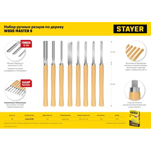 STAYER Wood Master, 8 предм., набор ручных резцов по дереву, Professional (1836)