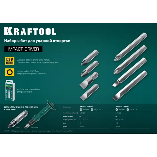 KRAFTOOL 75 мм, 4 шт, набор бит для ударной отвертки (25552)