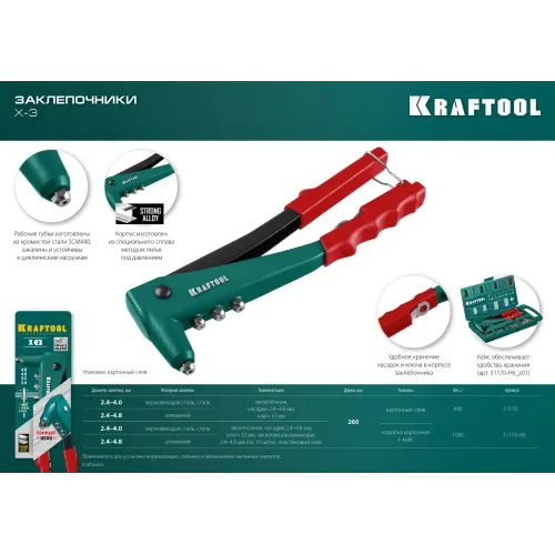 KRAFTOOL X-3, 2.4 - 4.8 мм, 260 мм, литой заклепочник (31170)