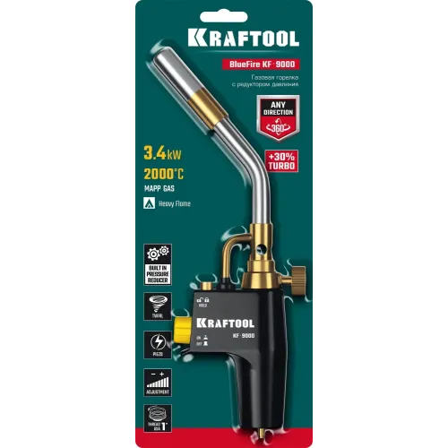 KRAFTOOL KF-9000, с пьезоподжигом на баллон турбо нагрев + 30% 2000°C, Газовая горелка Blue Fire (55510)