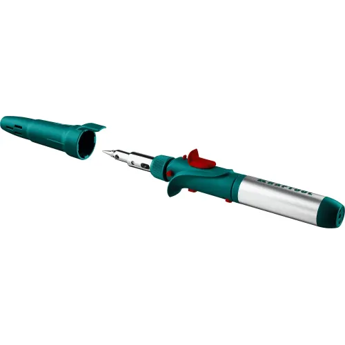 KRAFTOOL SolderGas, 120 K, 30 - 120 Вт, 1300°С, горелка, фен, пьезоподжиг, набор 10 в 1, газовый паяльник (55503-H10)
