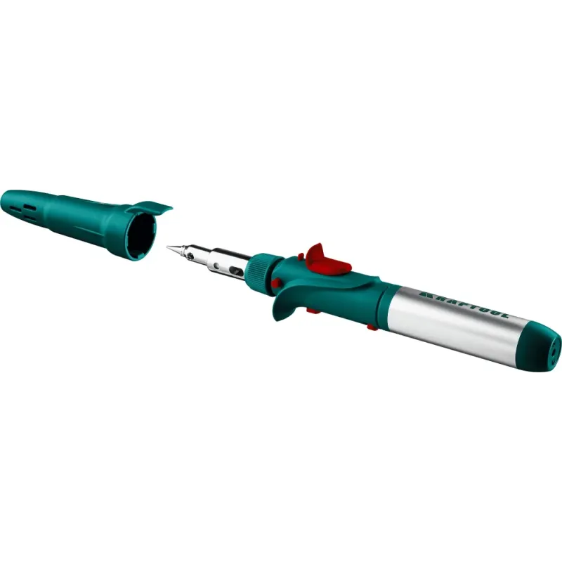 KRAFTOOL SolderGas, 120 K, 30 - 120 Вт, 1300°С, горелка, фен, пьезоподжиг, набор 10 в 1, газовый паяльник (55503-H10)