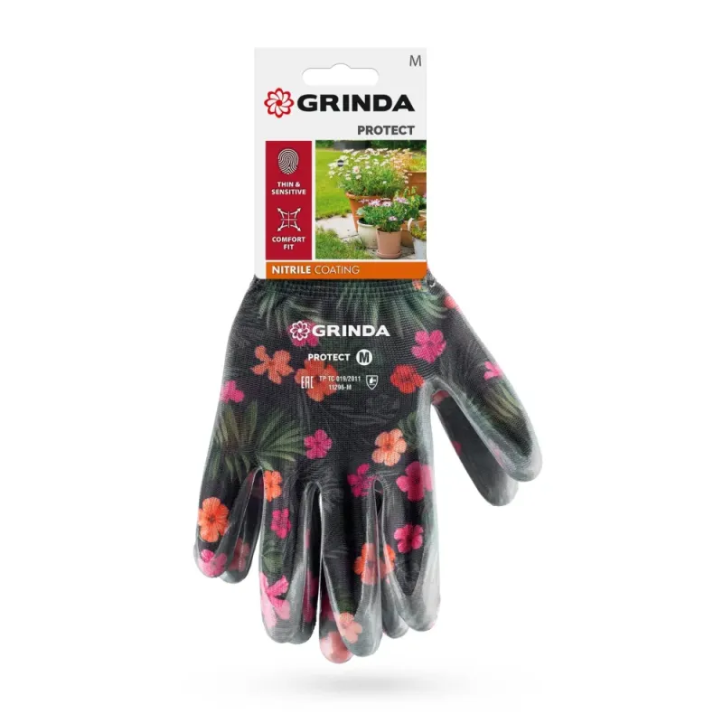 GRINDA PROTECT, M (8), садовые перчатки с прозрачным нитриловым покрытием, чёрные, 13 класс (11296-M)