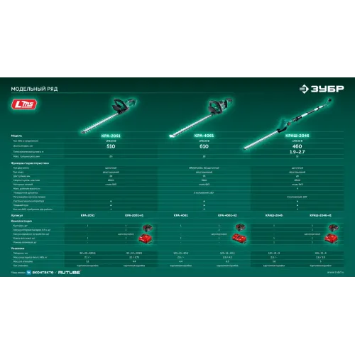 ЗУБР 40 В (2x20В), 610 мм, 2 АКБ LMS (4 Ач), кусторез аккумуляторный бесщеточный (КРА-4061-42)