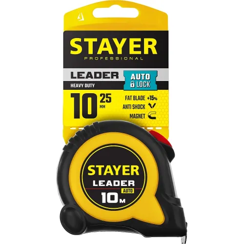 STAYER Leader, 10 м х 25 мм, рулетка с автостопом, Professional (3402-10-25)