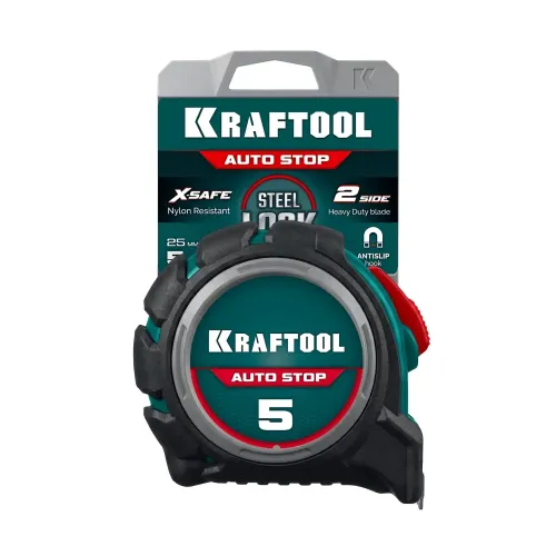 KRAFTOOL AutoStop 5м х 25мм, профессиональная рулетка с автостопом (3412-5-25)